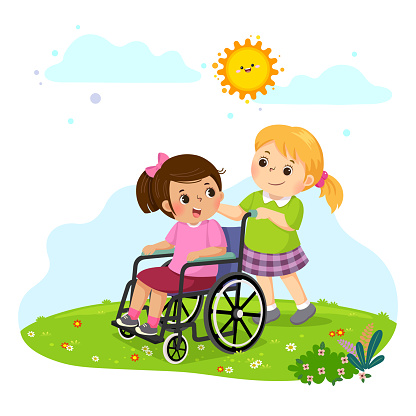 Векторная Иллюстрация Маленькой Девочки Толкая Подругу В Инвалидной Коляске  — стоковая векторная графика и другие изображения на тему Ребёнок - iStock